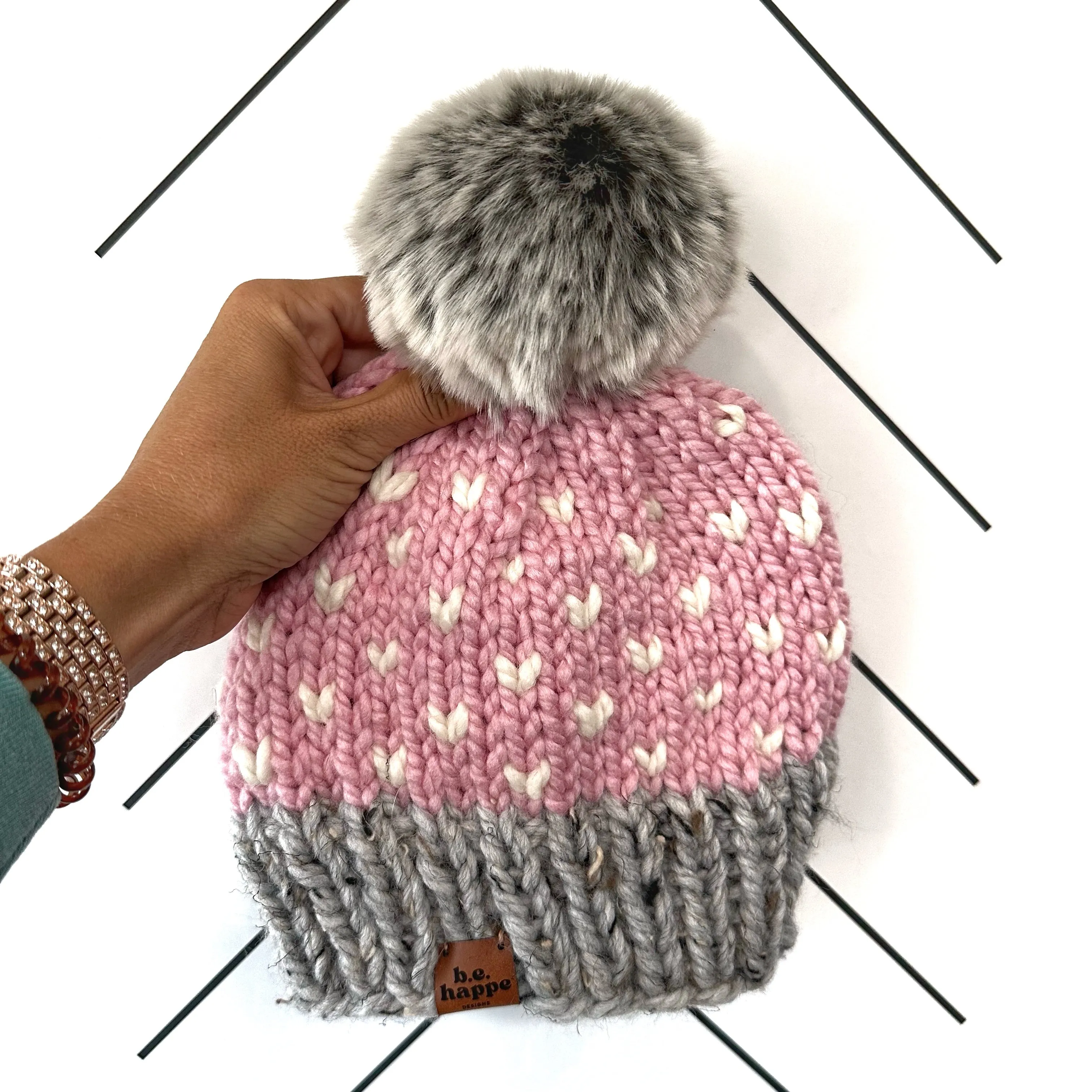 6-12 month Baby Happe Hearts Knit Pom Hat | Blossom Pink   Grey   Off White