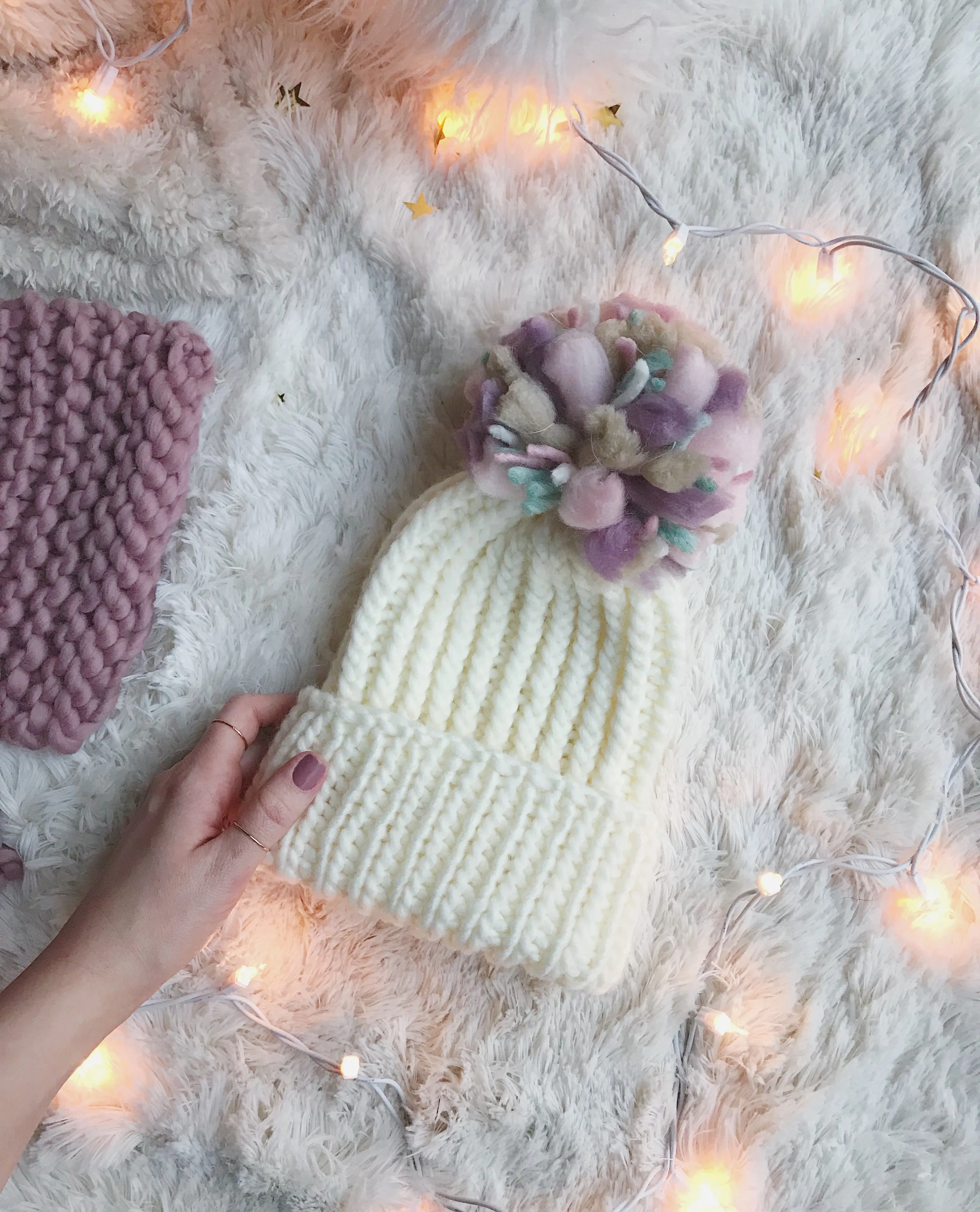 Adult Knitted Ribbed Foldover Brim Beanie with Pastel Pom Pom