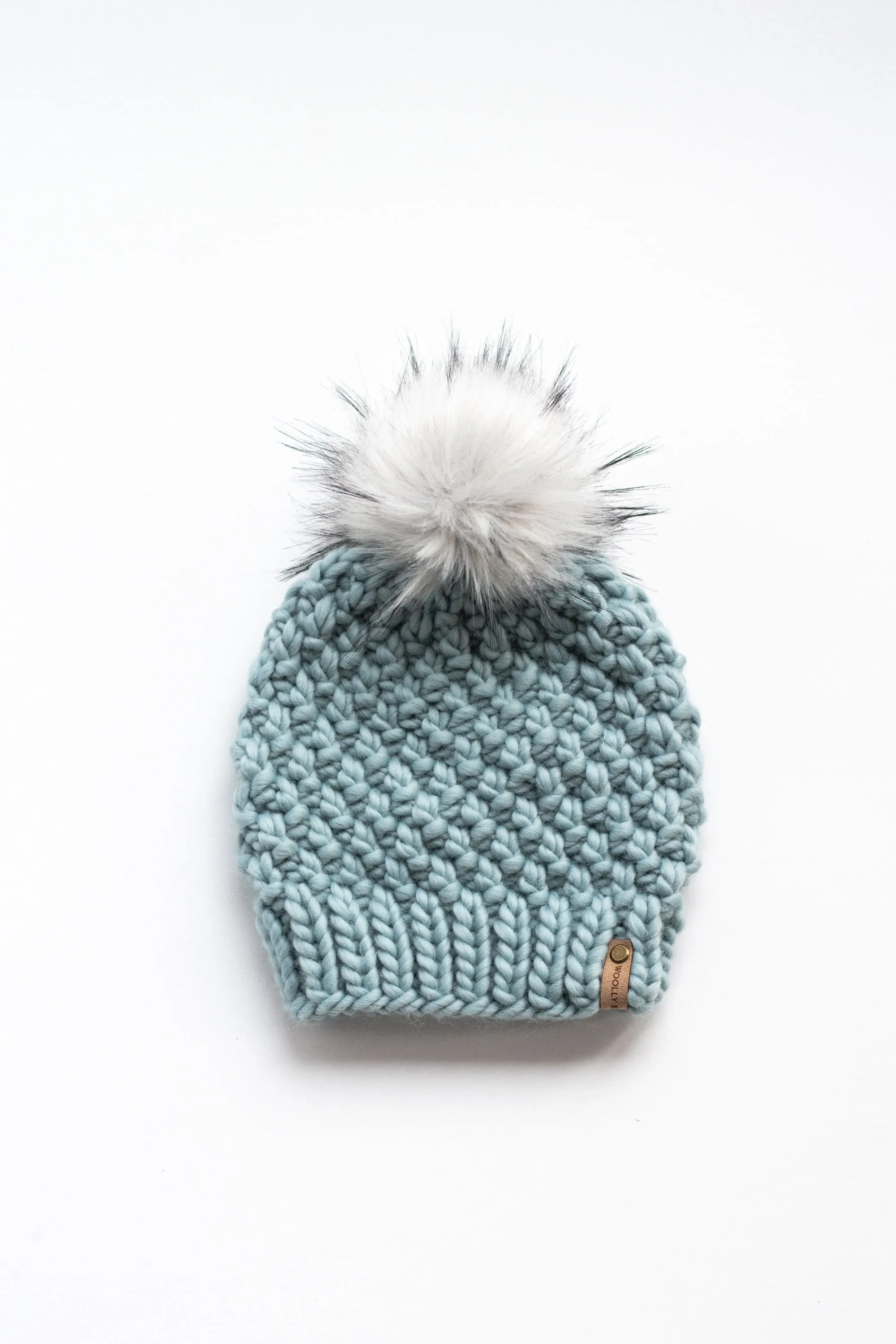 Aqua Blue Peruvian Wool Knit Hat with Faux Fur Pom Pom