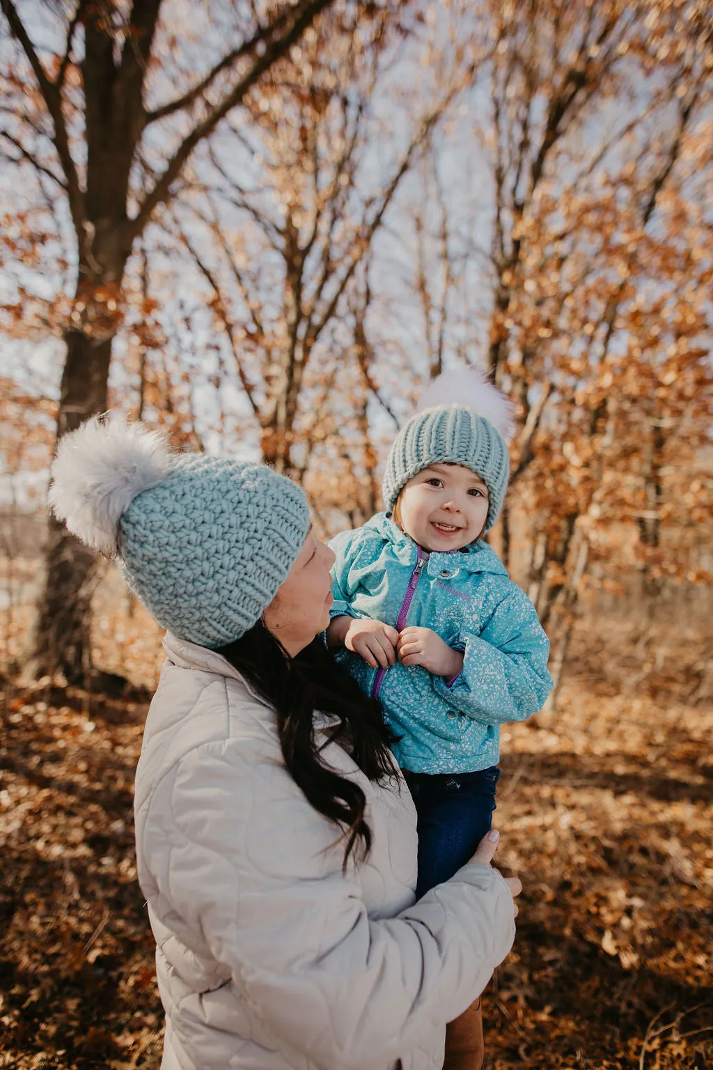 Aqua Blue Peruvian Wool Knit Hat with Faux Fur Pom Pom