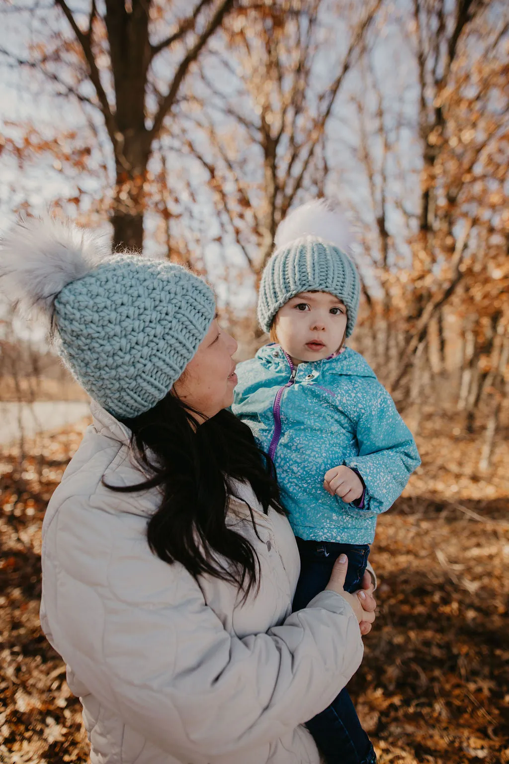 Aqua Blue Peruvian Wool Knit Hat with Faux Fur Pom Pom