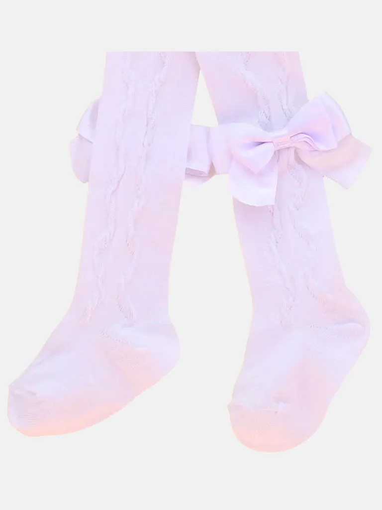 Baby Girl PEX Cable-Knit Tights with Bow - White