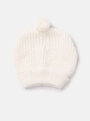 Baby Unisex Knitted Hat with Ivory White Pom-pom - Ivory White