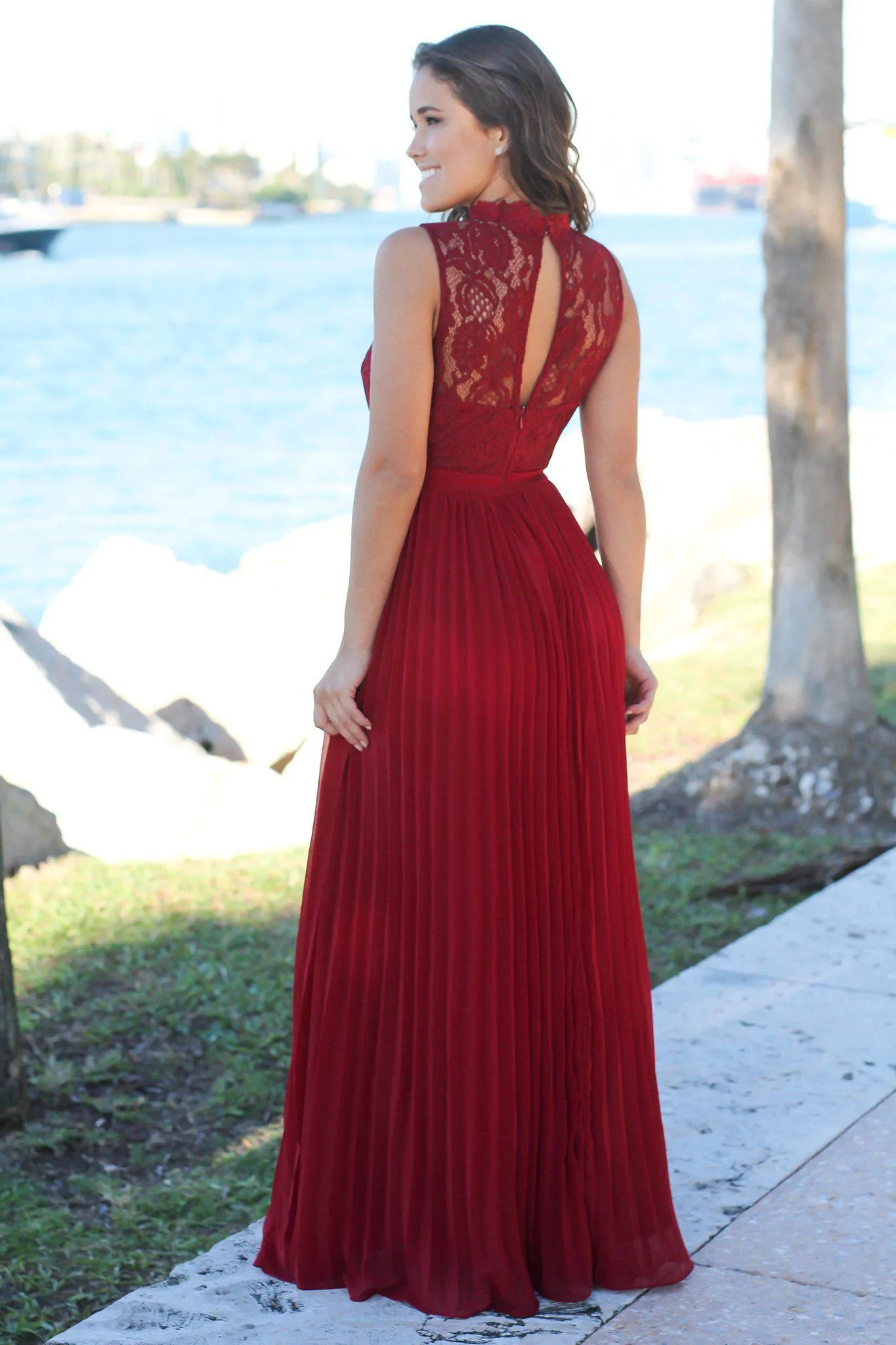 Burgundy Lace Maxi Dress with Pleated Skirt