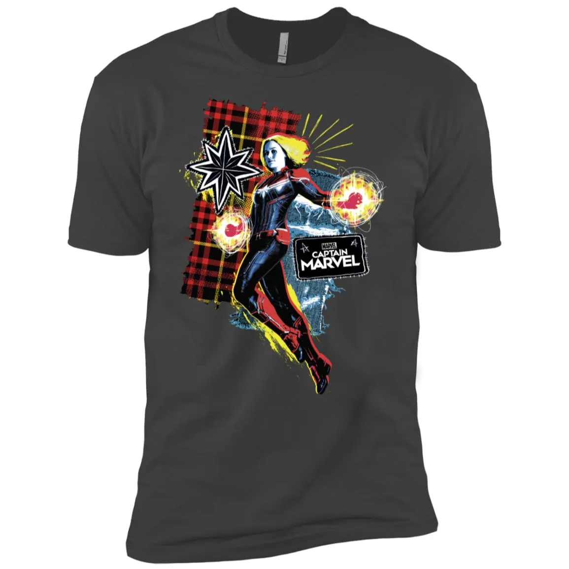 Captain Marvel Plaid Jean Patched Portrait Men Short Sleeve T-Shirt