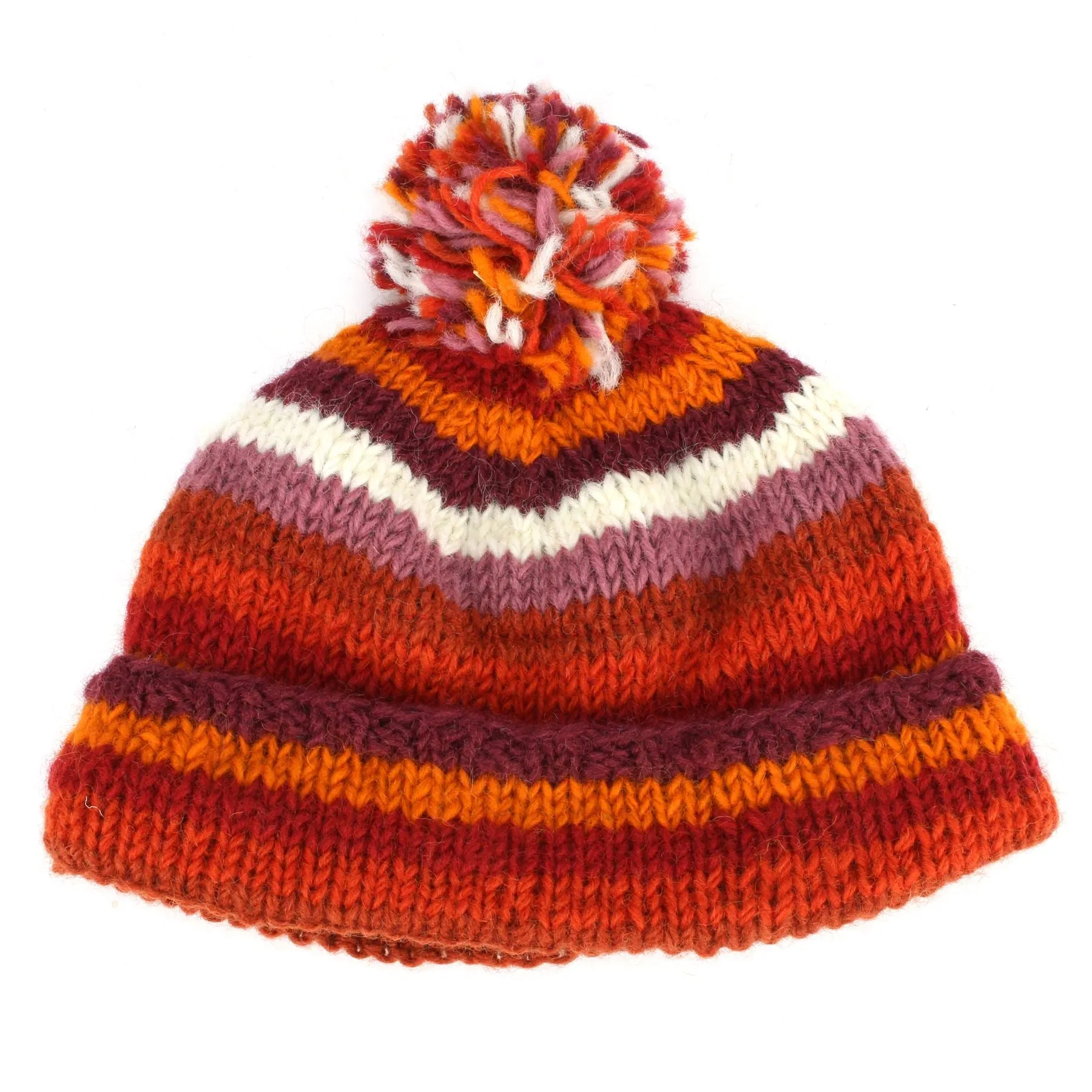 Chunky Wool Knit Beanie Bobble Hat - Stripe Rust