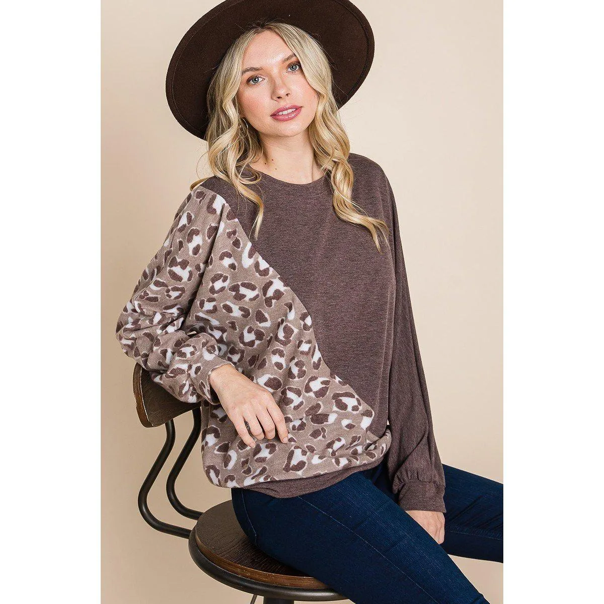 Cute Animal French Terry Brush Contrast Print Pullover With Cuff Detail