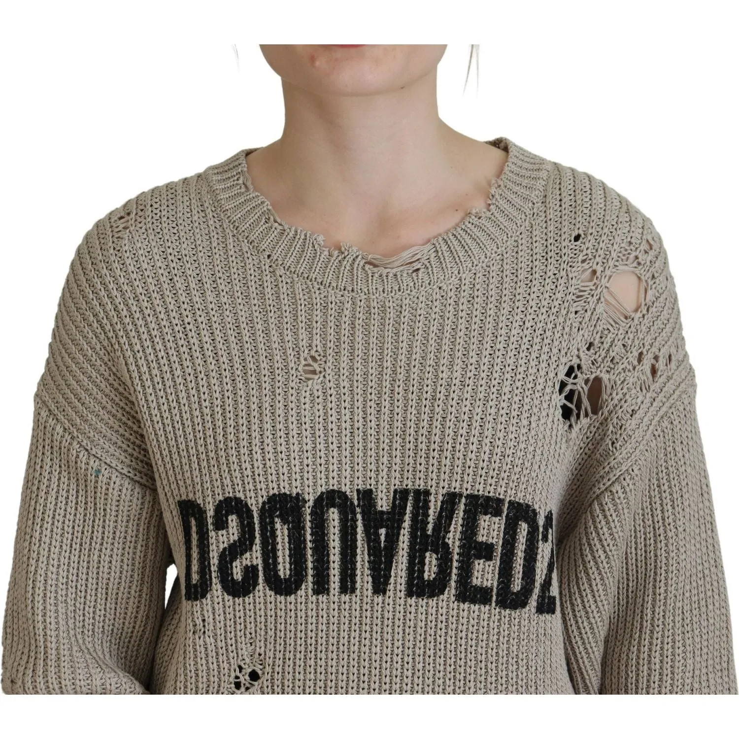 Dsquared² Beige Cotton Knitted Crewneck Pullover Sweater