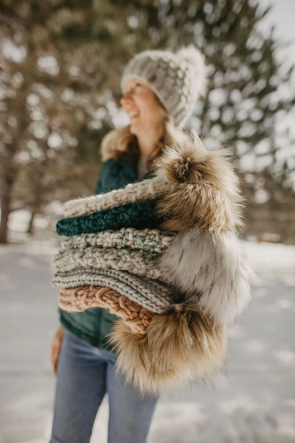 Forest Green Peruvian Wool Knit Hat with Faux Fur Pom Pom