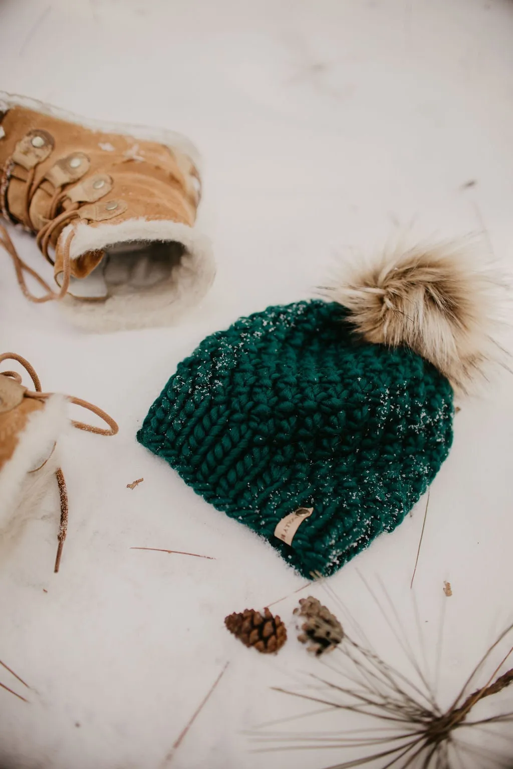 Forest Green Peruvian Wool Knit Hat with Faux Fur Pom Pom