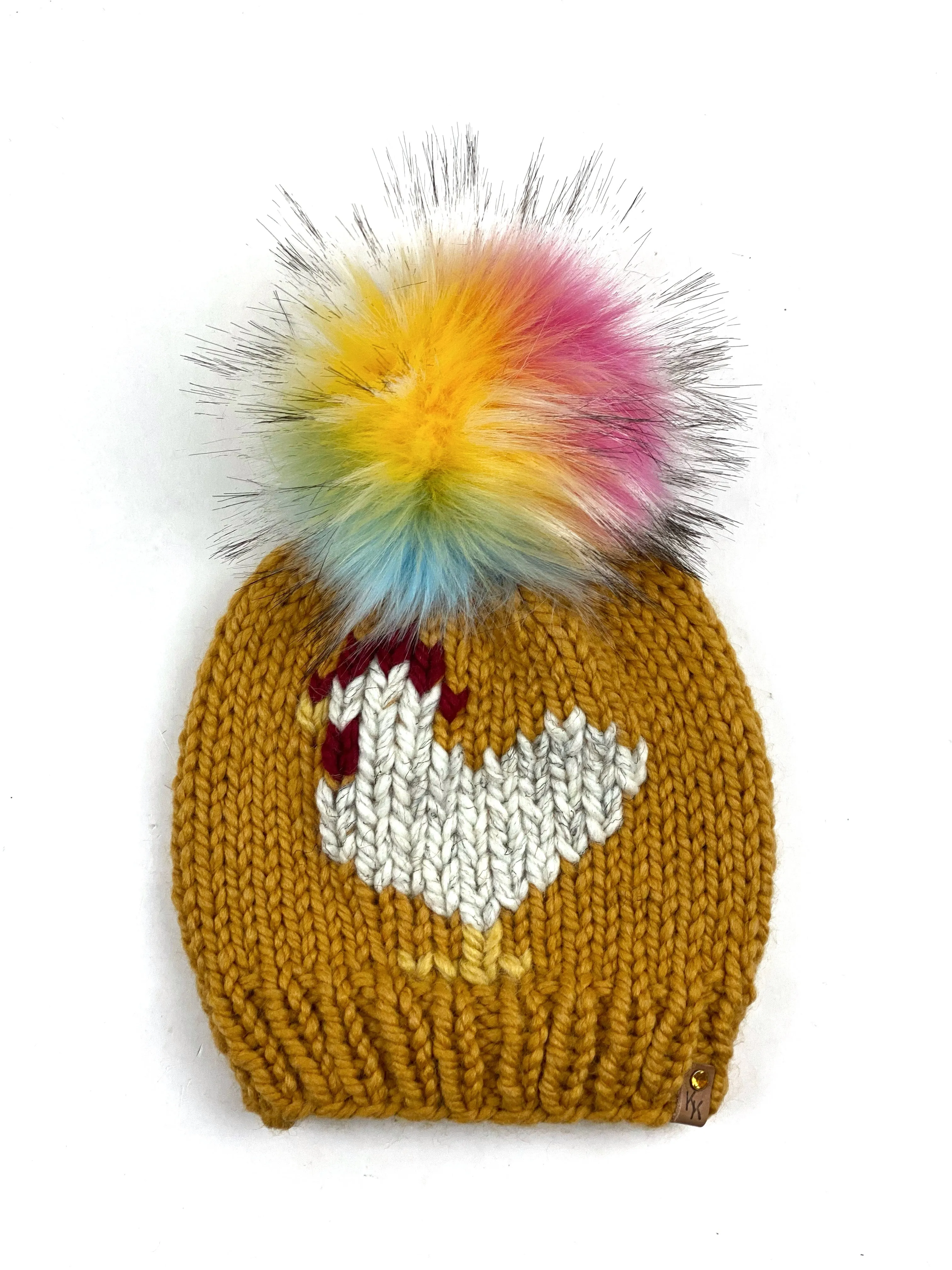 Glacier Mustard or Raspberry Chicken Hat Beanie Wool Blend Womens Adult Hat Faux Fur Pom