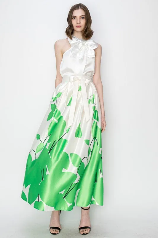 Green Flower Print Pleated Maxi Skirt with Waist Ribbon