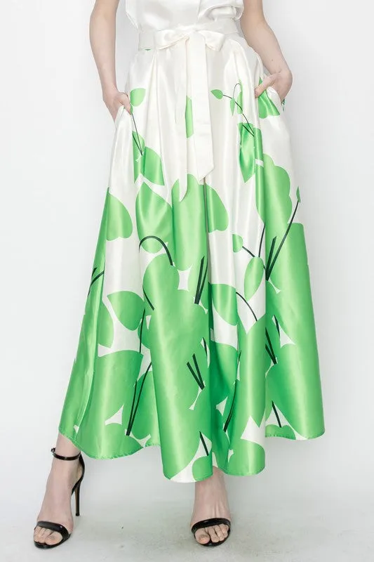 Green Flower Print Pleated Maxi Skirt with Waist Ribbon