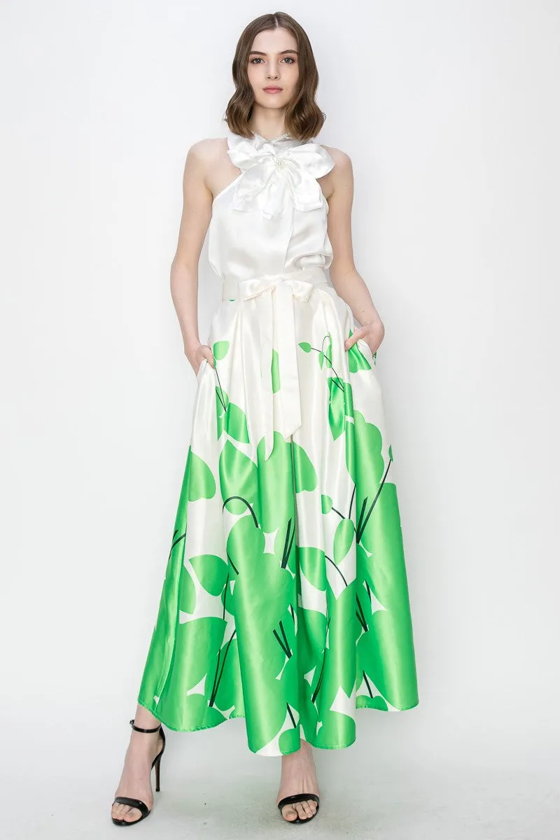 Green Flower Print Pleated Maxi Skirt with Waist Ribbon