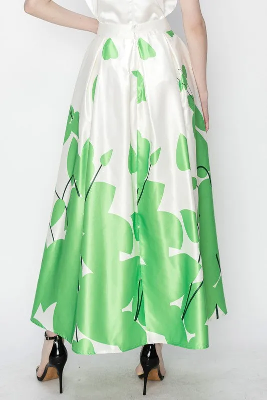 Green Flower Print Pleated Maxi Skirt with Waist Ribbon