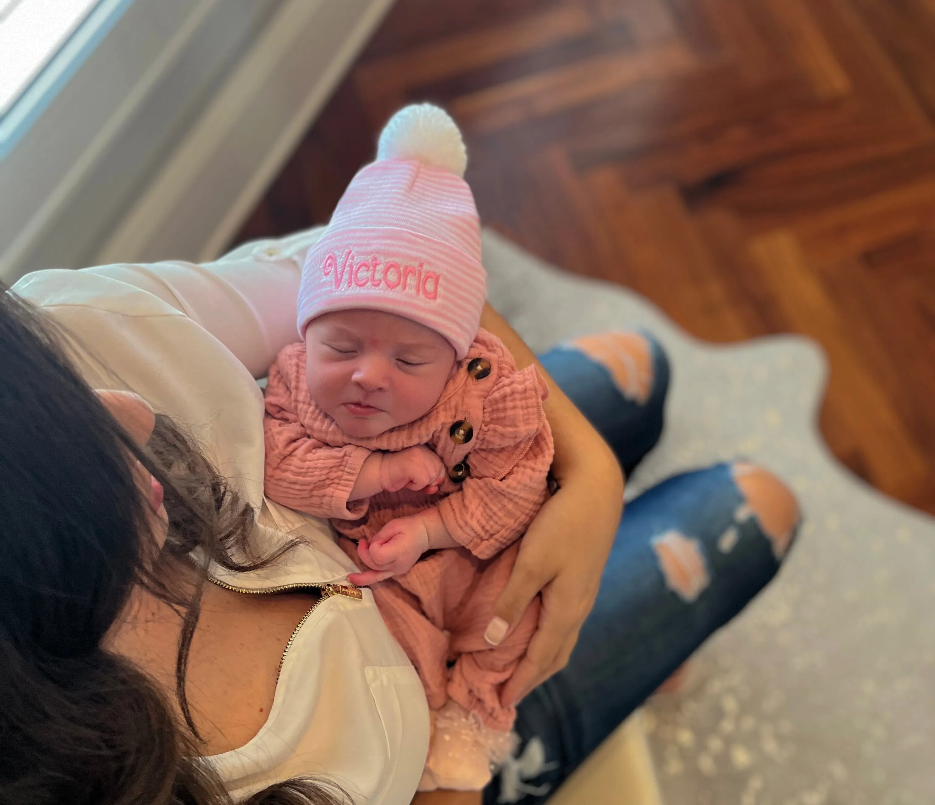 ilybean Personalized Striped Pink and White Nursery Hospital Hat with Mixed Pink and White Pom Pom