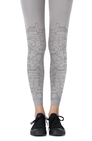 Ladies Fabulous Black Cat Lady Print 120 Denier Grey Footless Tights