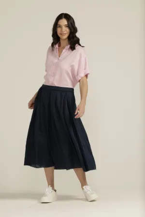 Linen Pleated Full Skirt Navy