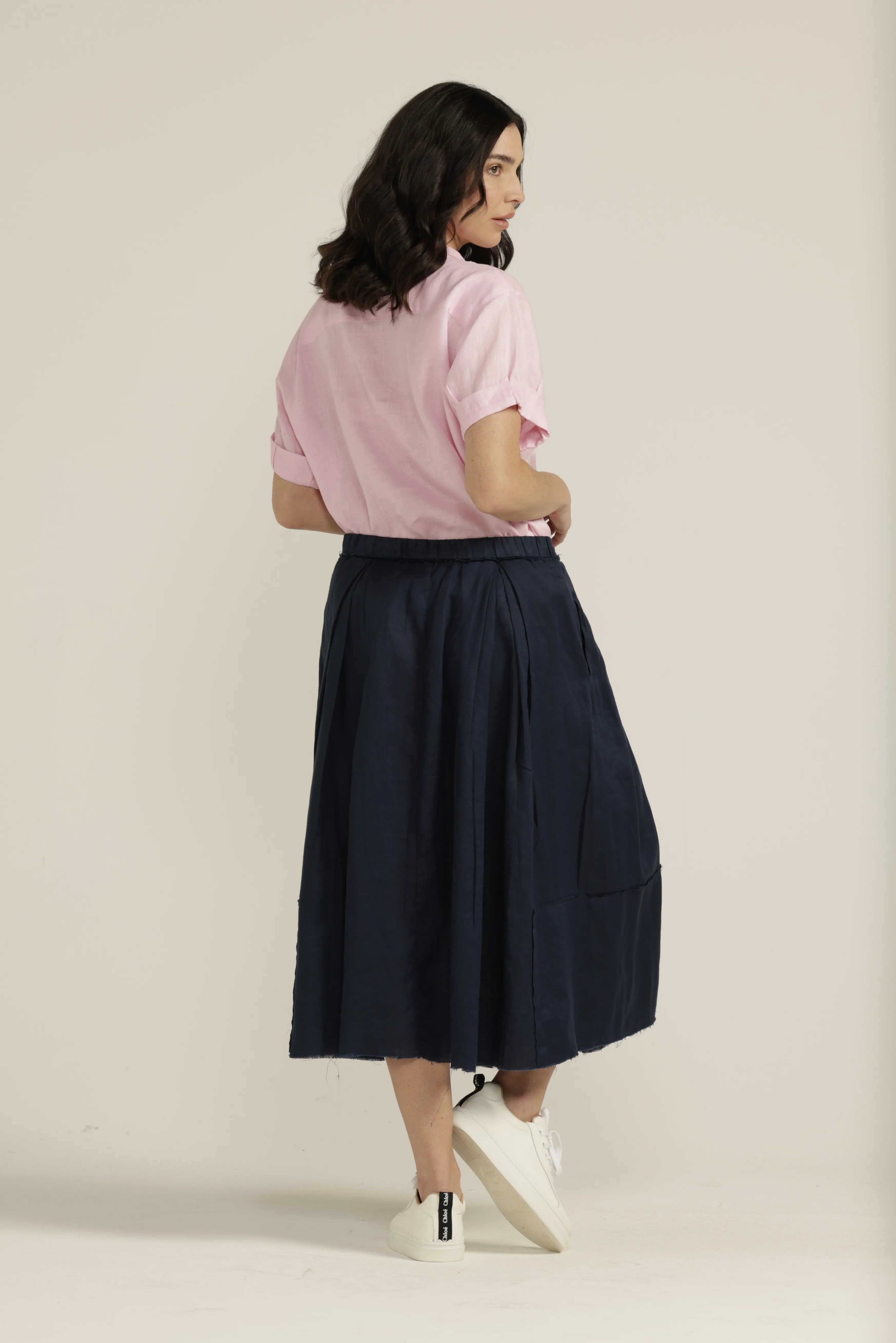 Linen Pleated Full Skirt Navy