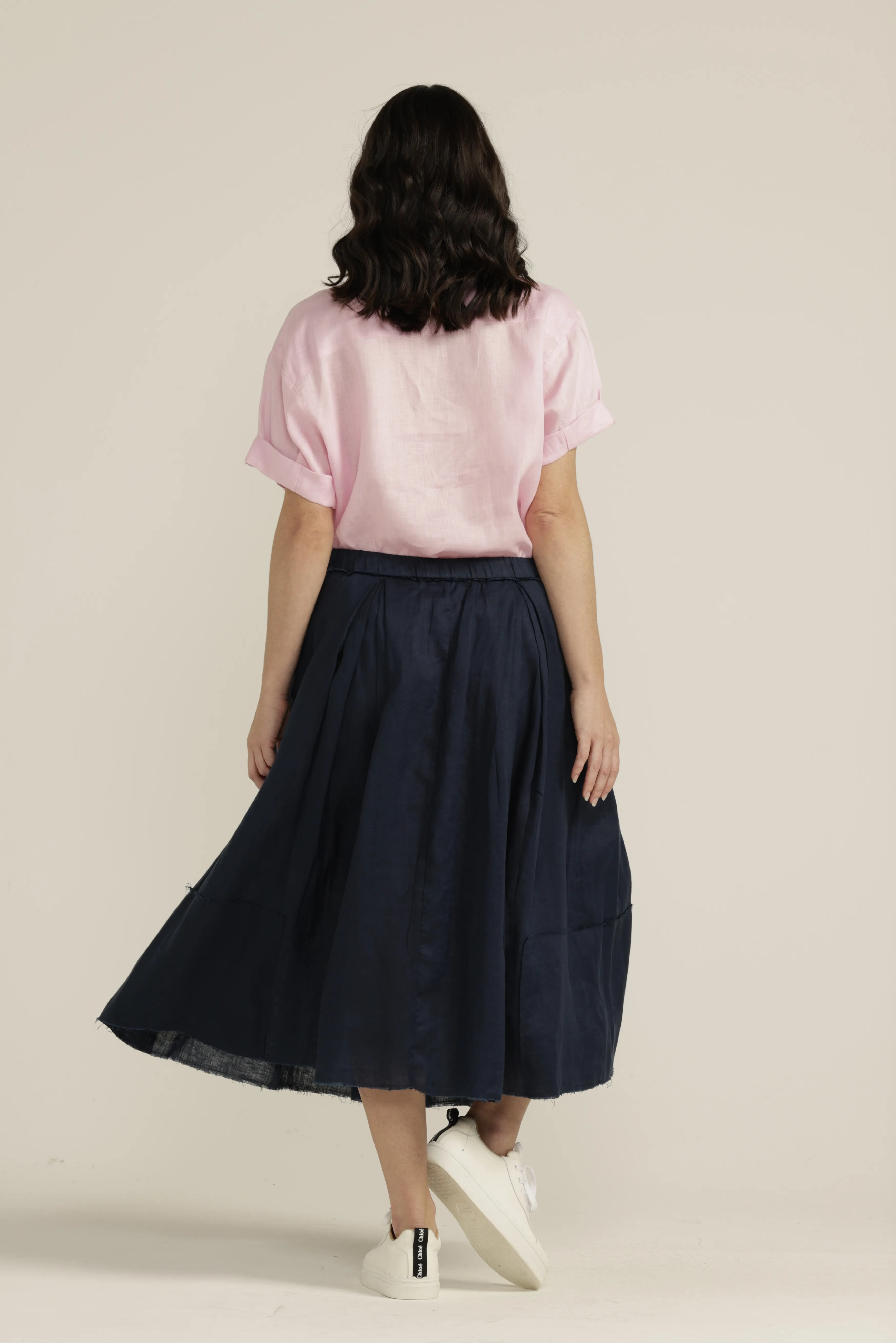 Linen Pleated Full Skirt Navy