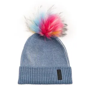 Maniere Blue Ribbed Lurex Knit Hat With Rainbow Pom