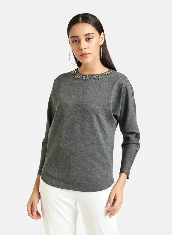 Neck Embellished Batwing Pullover