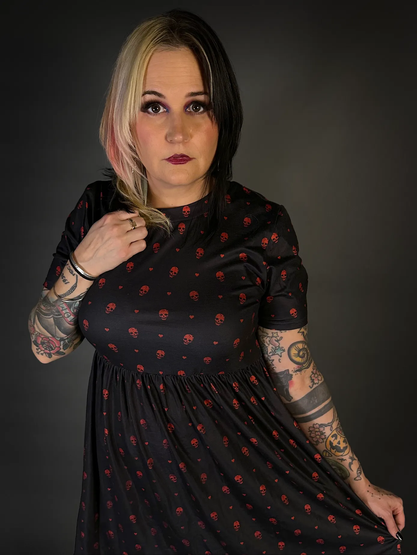 Outfit Set - Tommyrot "Hearts & Skulls" Skater Dress & Rose & Skull Tights by Pamela Mann