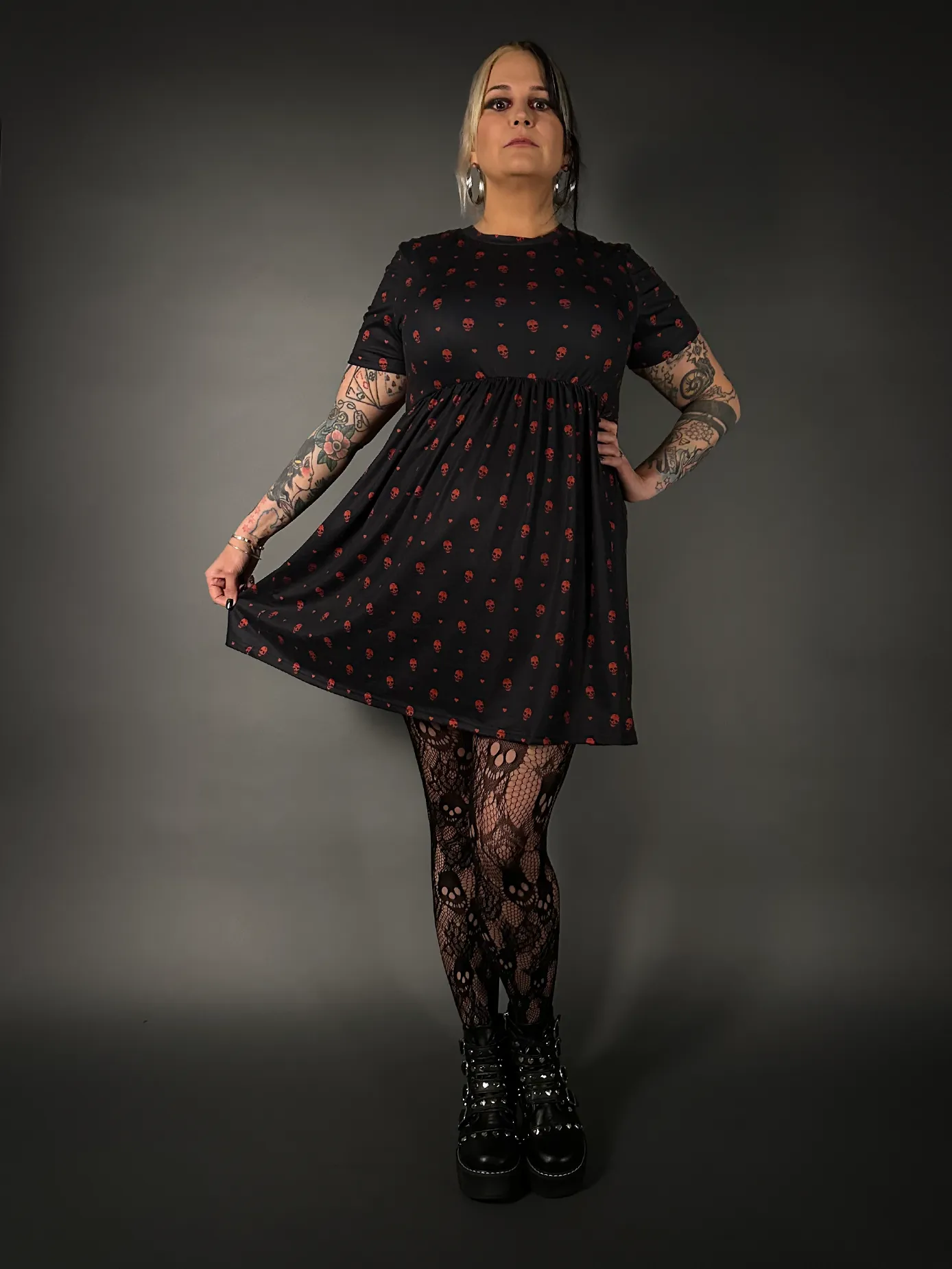 Outfit Set - Tommyrot "Hearts & Skulls" Skater Dress & Rose & Skull Tights by Pamela Mann