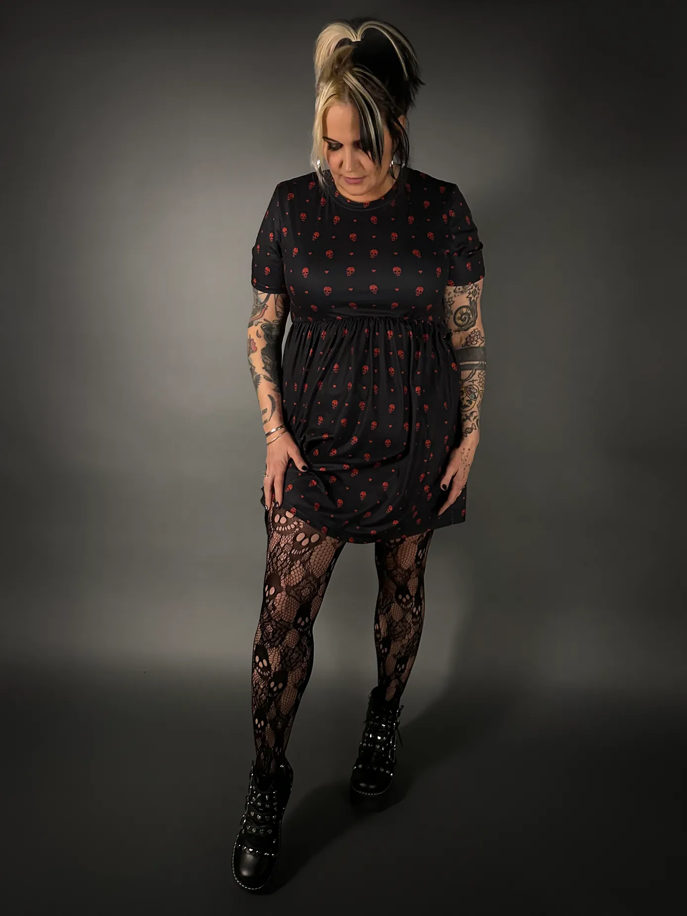 Outfit Set - Tommyrot "Hearts & Skulls" Skater Dress & Rose & Skull Tights by Pamela Mann