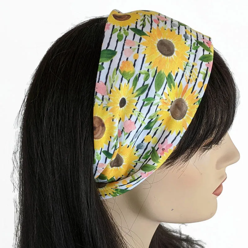 Premium, custom printed fabric, wide comfy jersey knit band, hat band, sunflowers