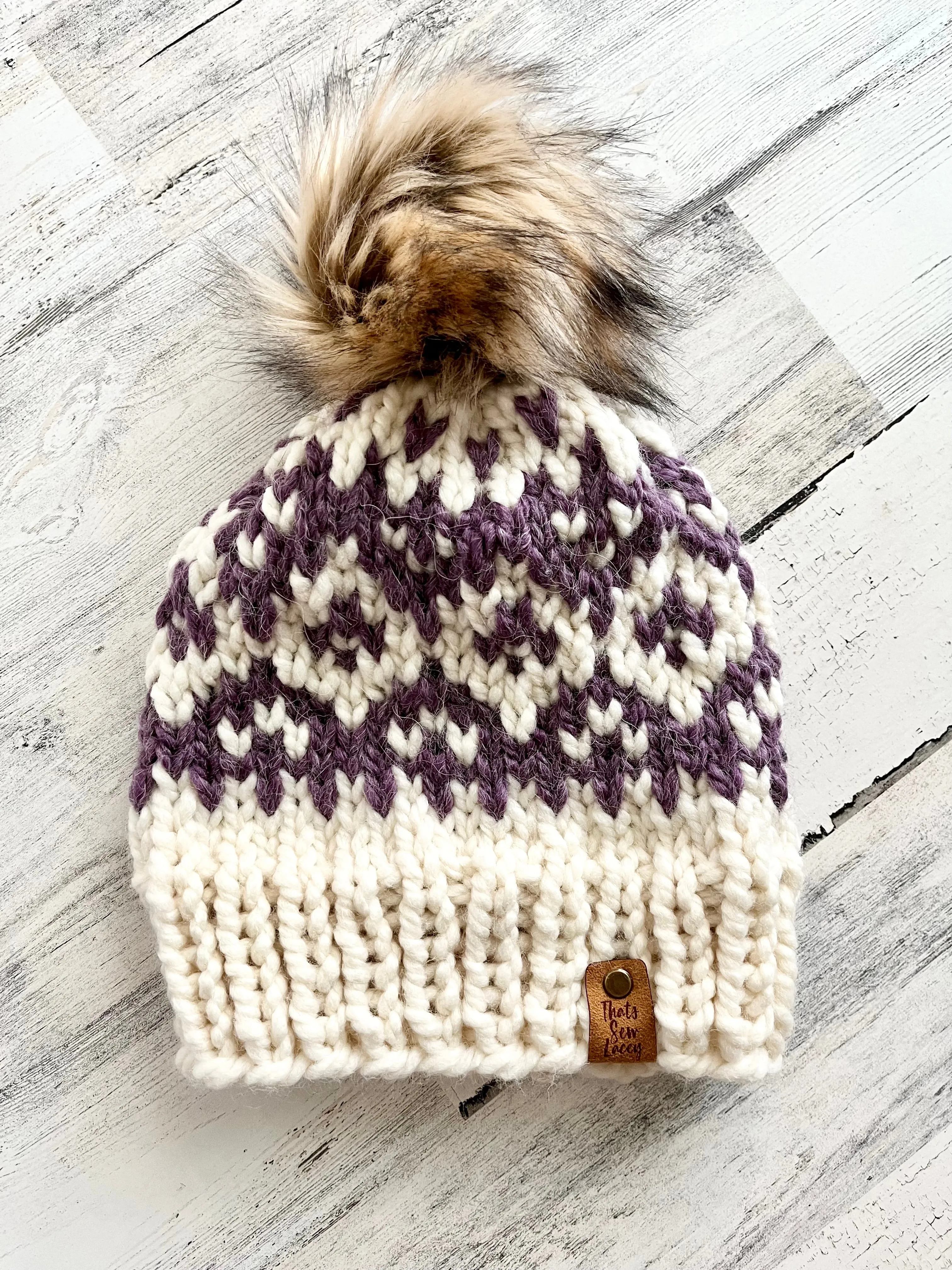 Reversed Fair Isle Diamonds with Faux Fur Pom