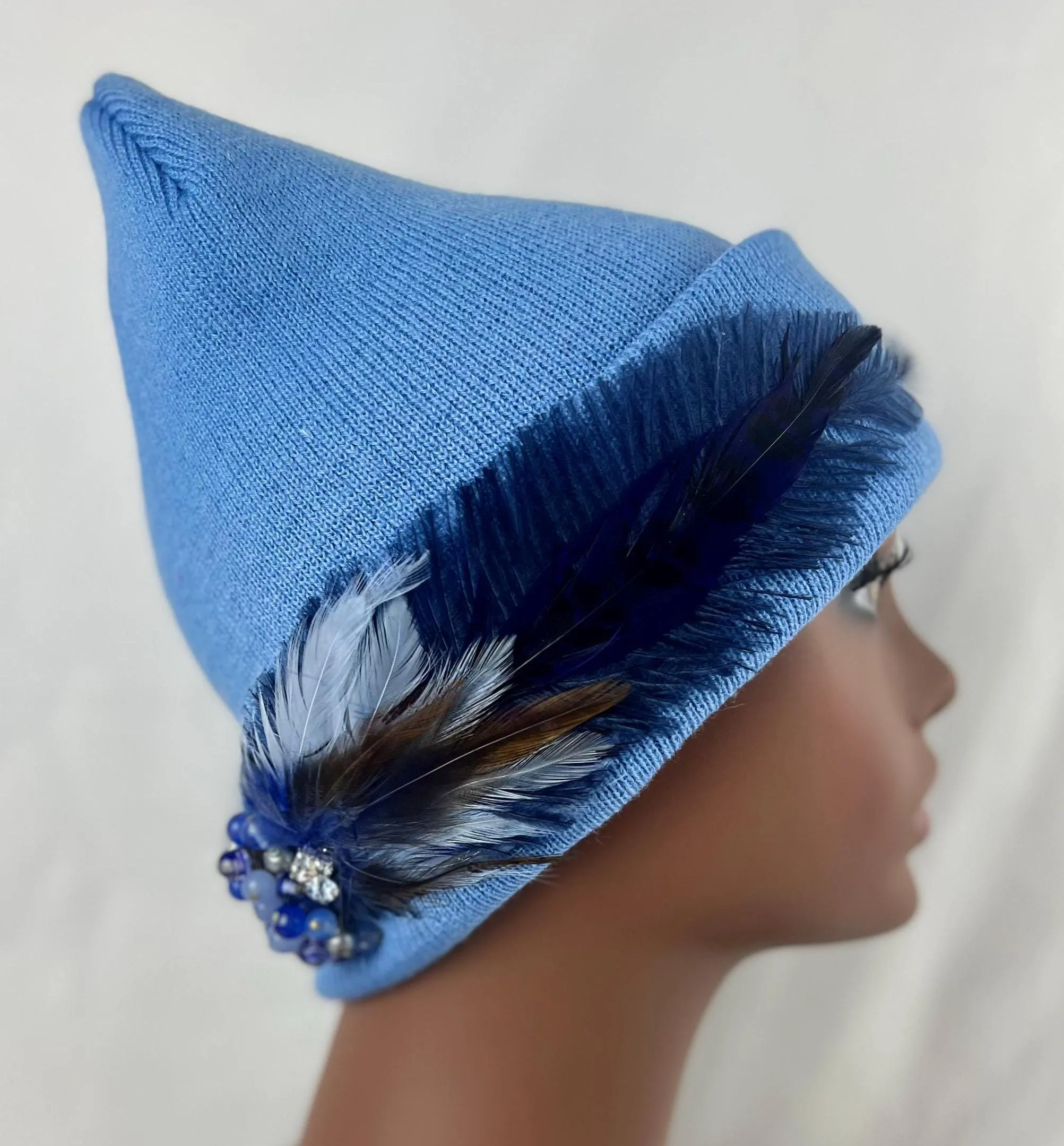 Sky Blue Embellished Feathered & Jeweled Sparkly Knit Hat