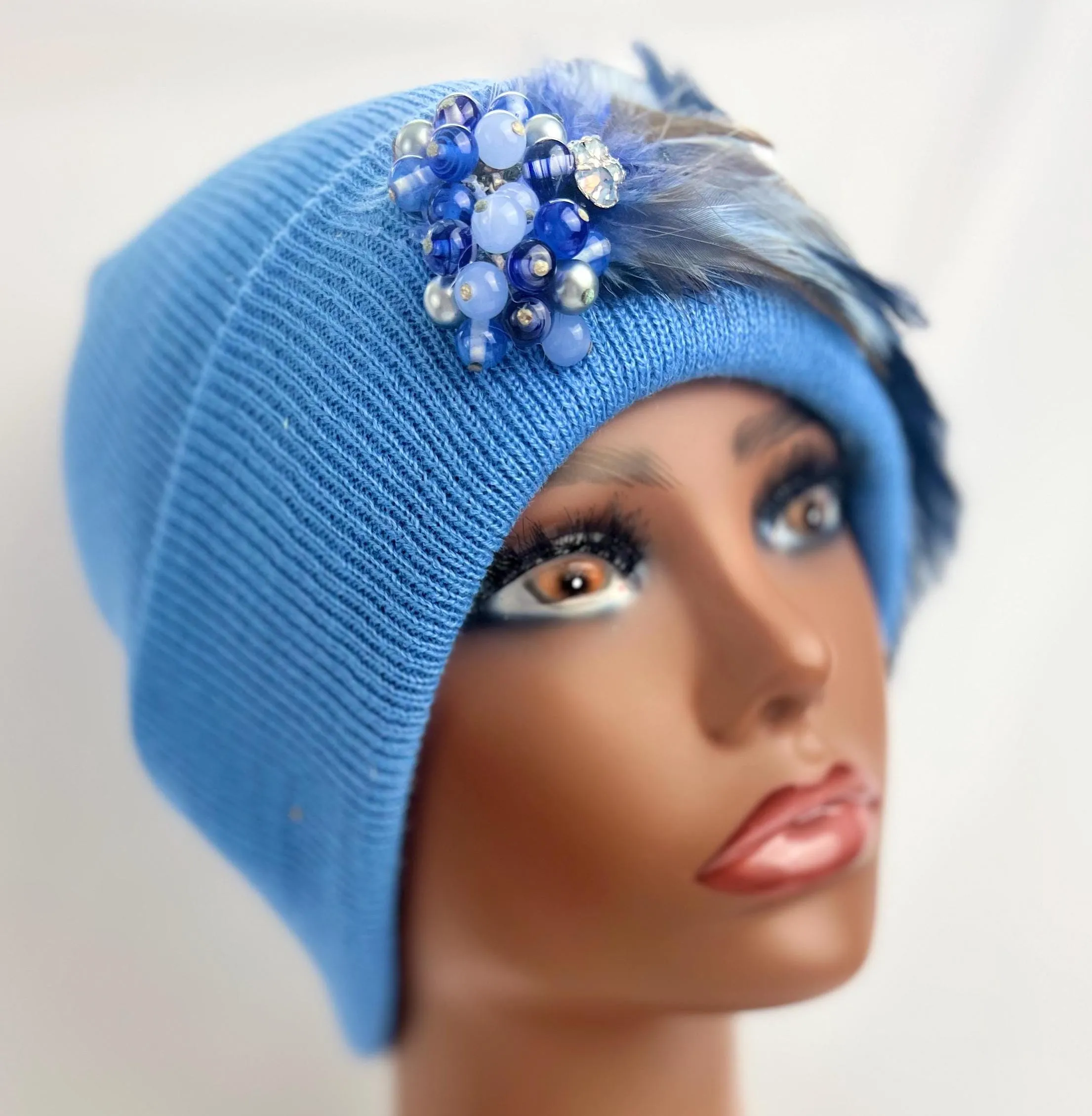 Sky Blue Embellished Feathered & Jeweled Sparkly Knit Hat