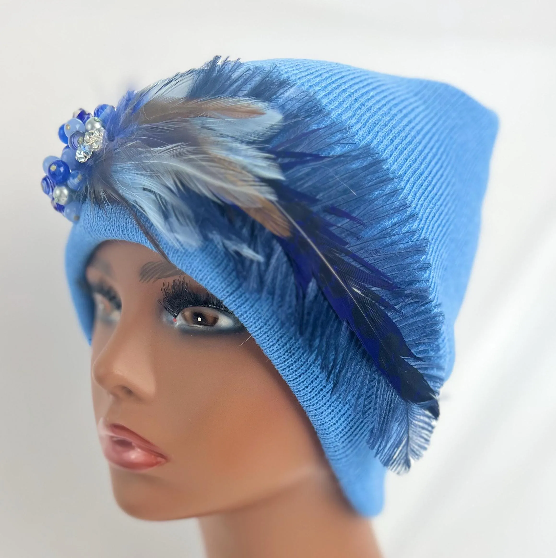 Sky Blue Embellished Feathered & Jeweled Sparkly Knit Hat