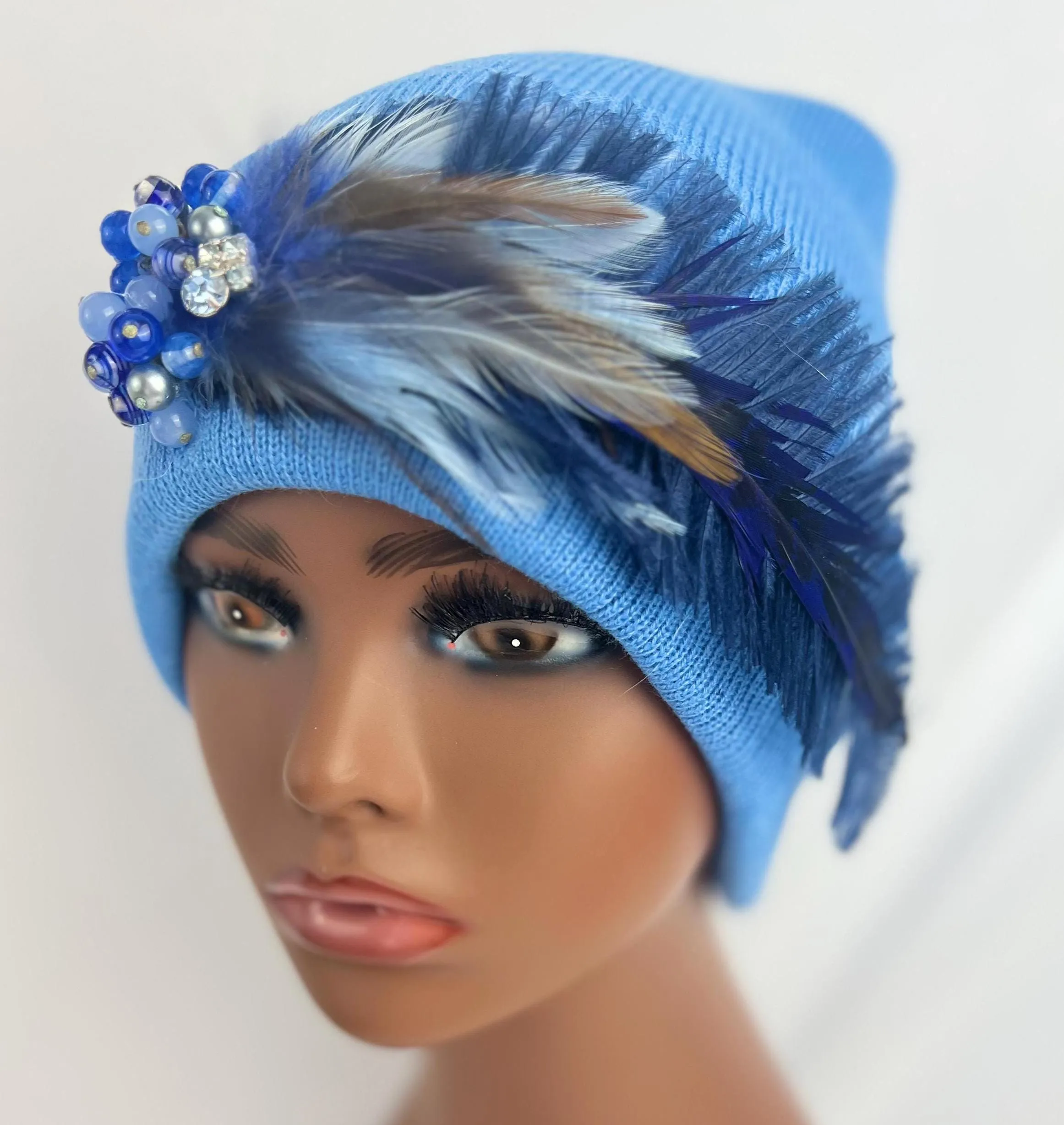 Sky Blue Embellished Feathered & Jeweled Sparkly Knit Hat