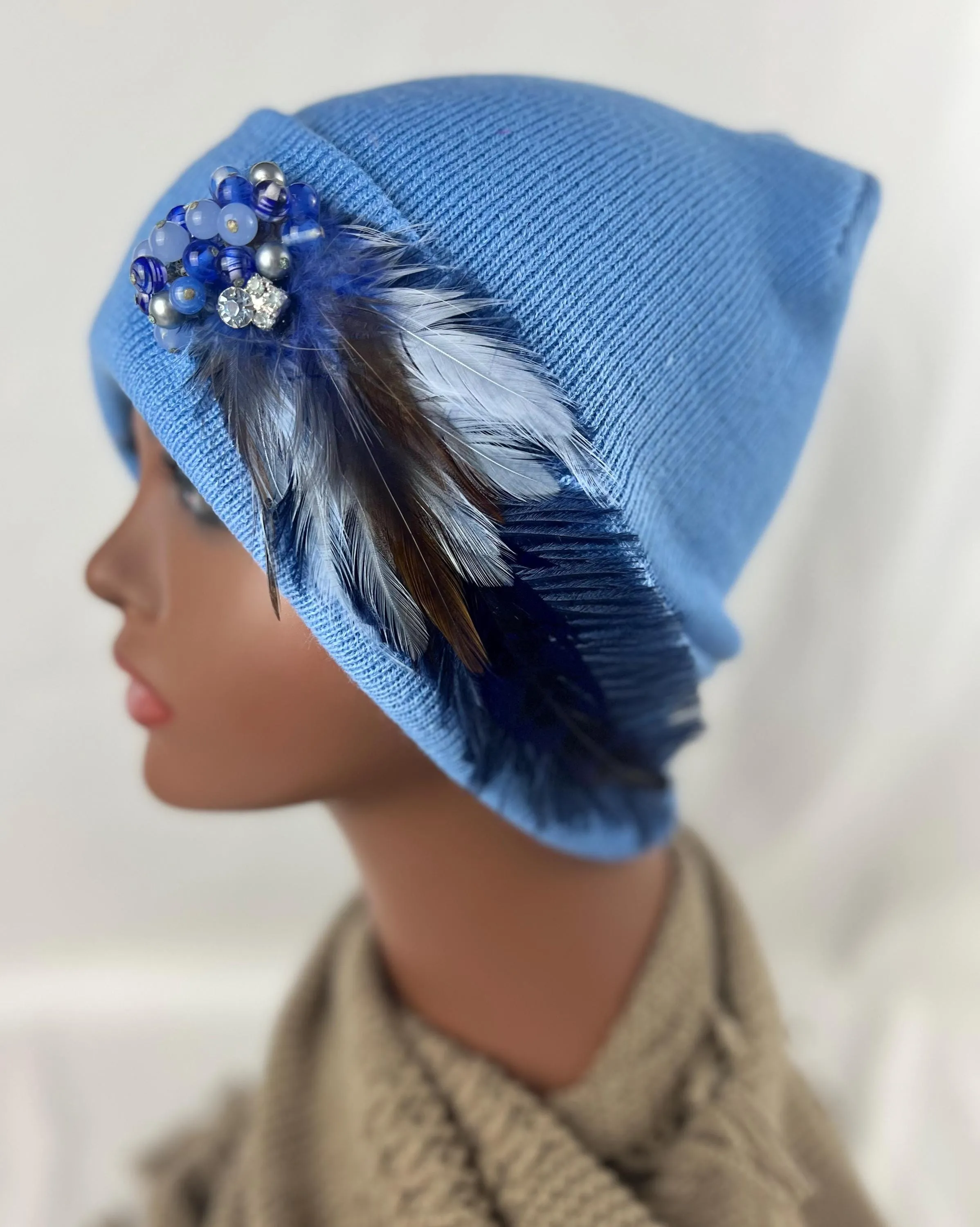 Sky Blue Embellished Feathered & Jeweled Sparkly Knit Hat