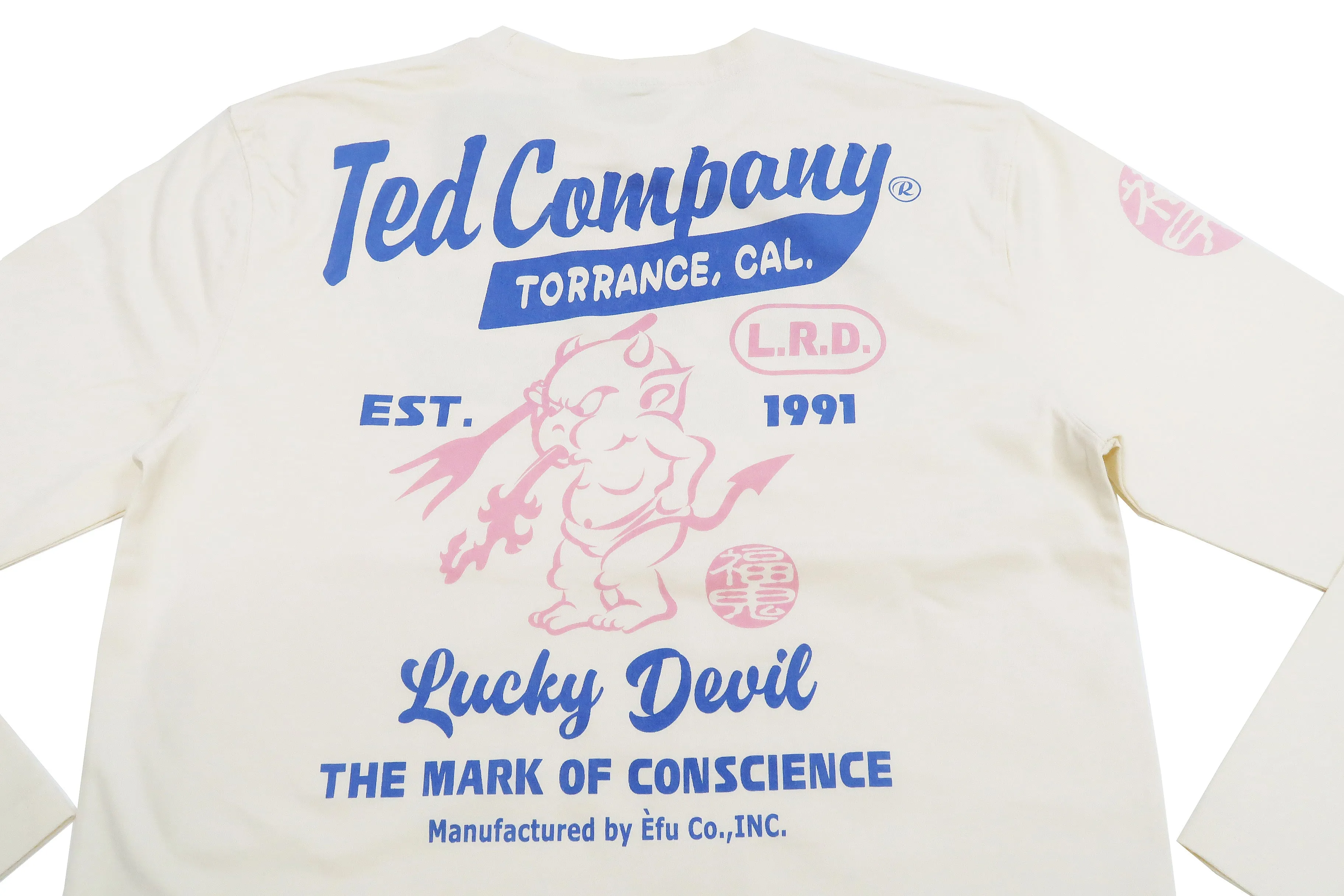 Tedman T-Shirt Men's Lucky Devil Logo Graphic Long Sleeve Tee Efu-Shokai TDLS-355 Off-White