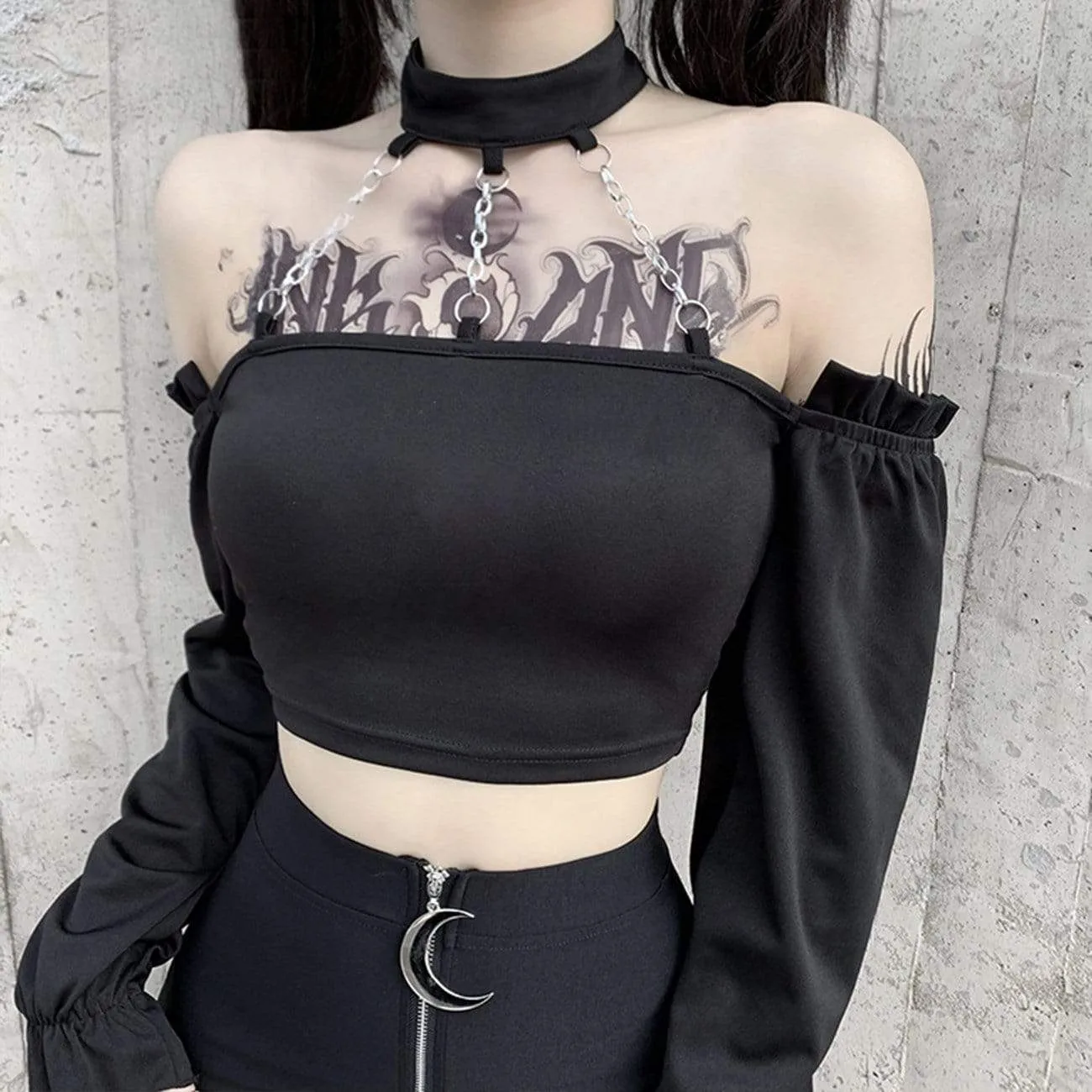 WLS One-Shoulder Chain Halterneck Long Sleeve Tee