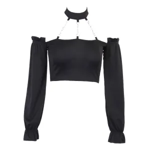 WLS One-Shoulder Chain Halterneck Long Sleeve Tee