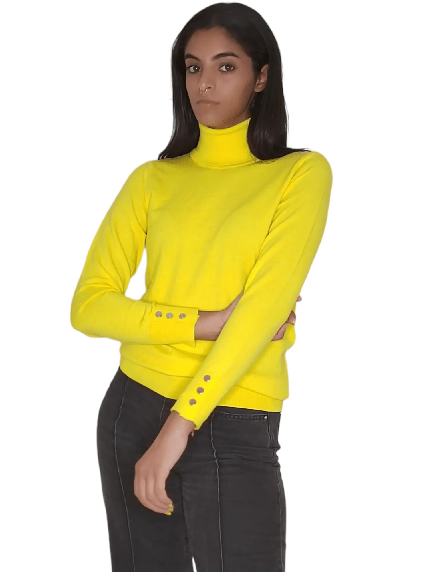 Women High Collar Pullover - Yellow