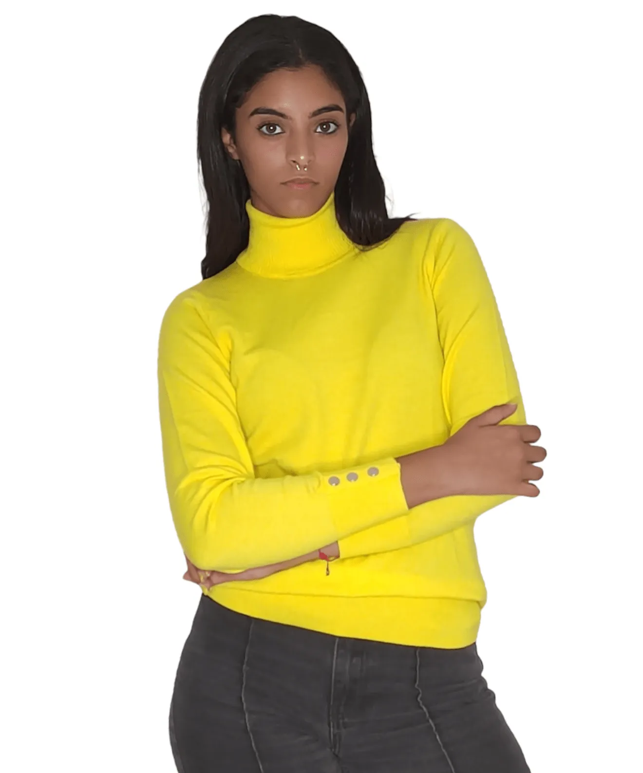 Women High Collar Pullover - Yellow