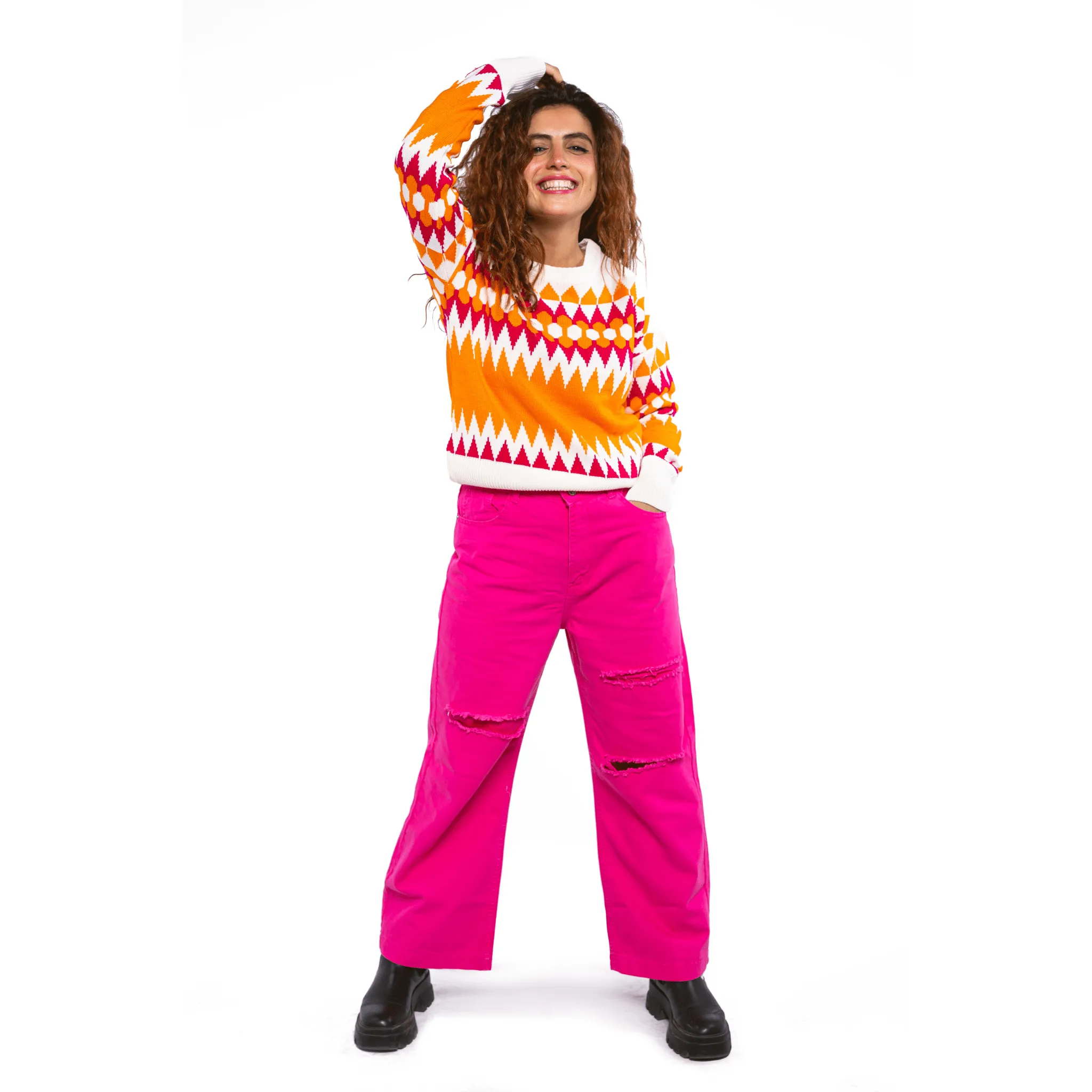 Women multicolor shapes Pullover - Orange x Fuchsia