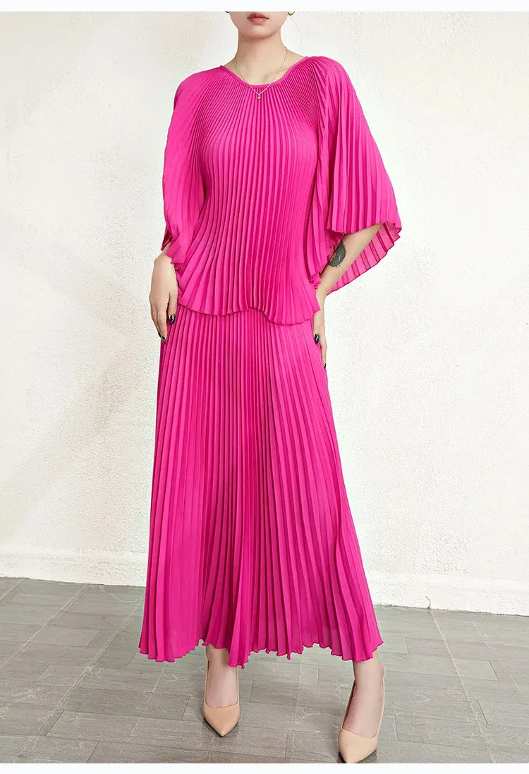 Women's 2 Piece Pink Pleats Please Long Skirt Set