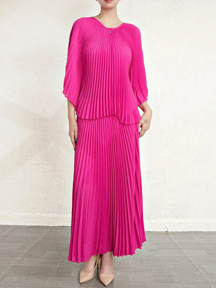 Women's 2 Piece Pink Pleats Please Long Skirt Set