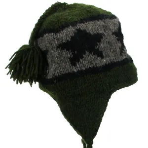 Wool Knit Earflap Tassel Hat - Star Green